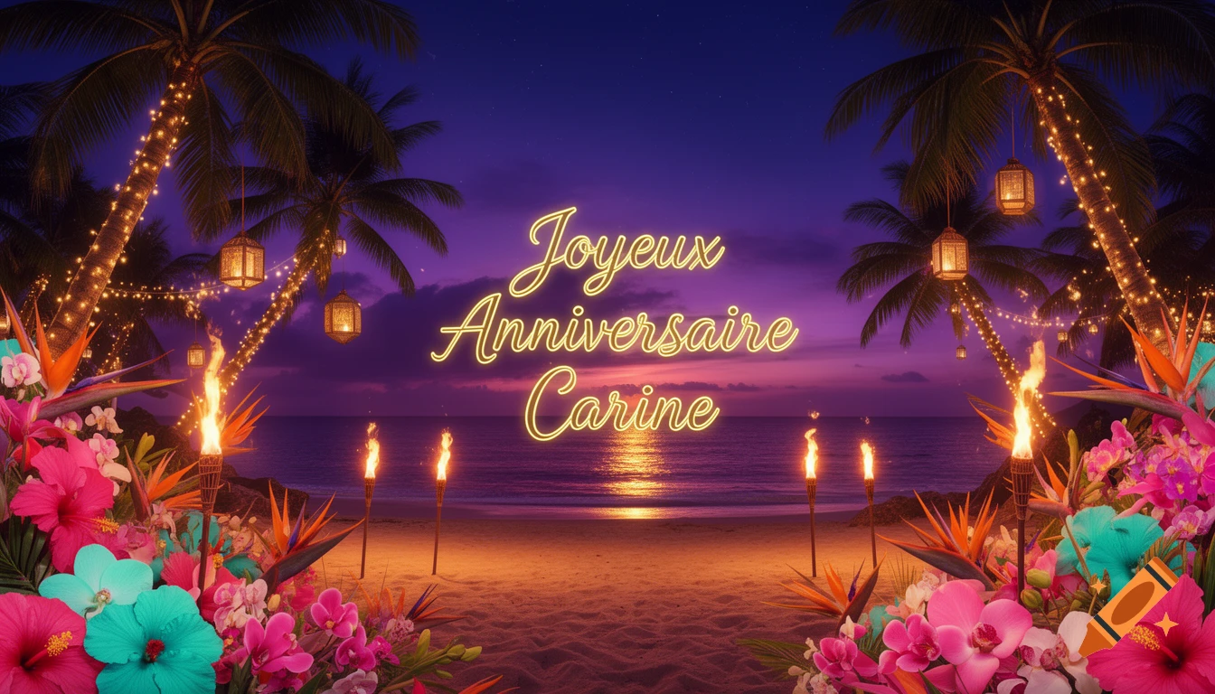 A vibrant tropical beach at night with palm trees, tiki torches, glowing lanterns, and 'Joyeux Anniversaire Carine' in neon text.