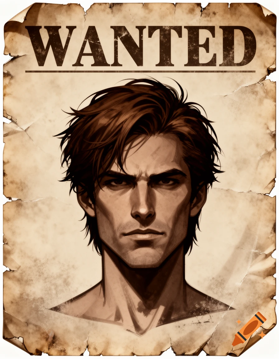 A stylized illustration of a stern-faced man with brown hair on a distressed 'WANTED' poster.