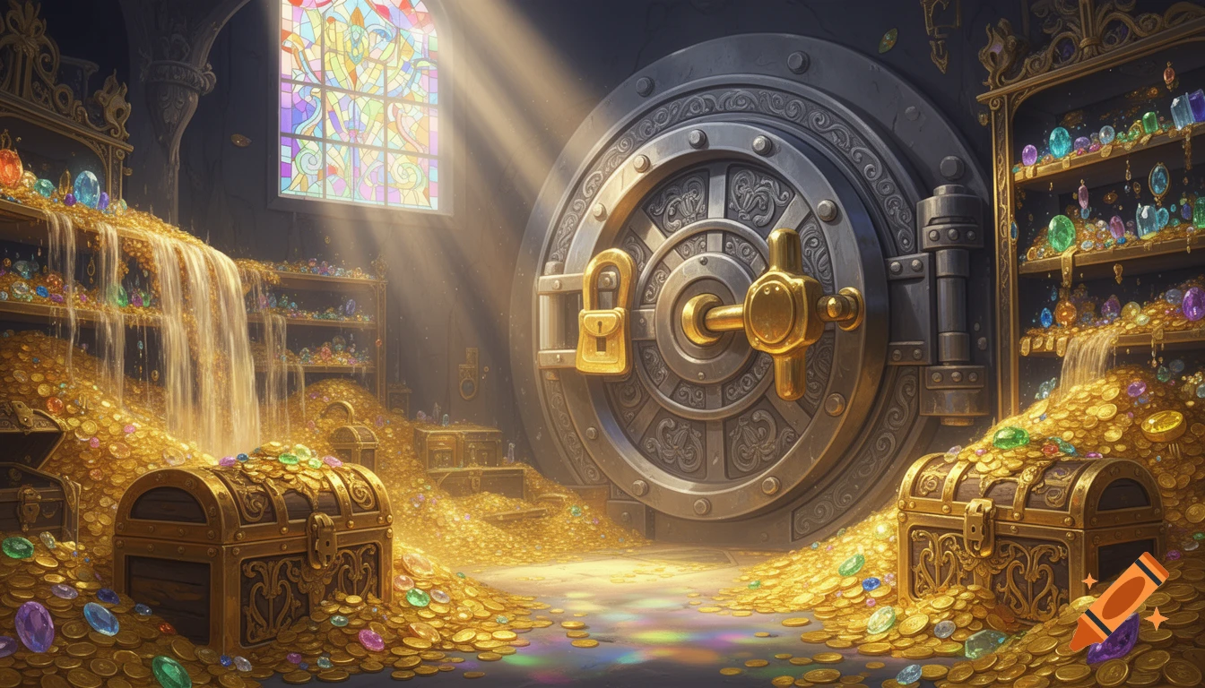 A fantasy treasure vault filled with overflowing gold coins and colorful gems, illuminated by sunbeams from a stained glass window and a large ornate vault door.