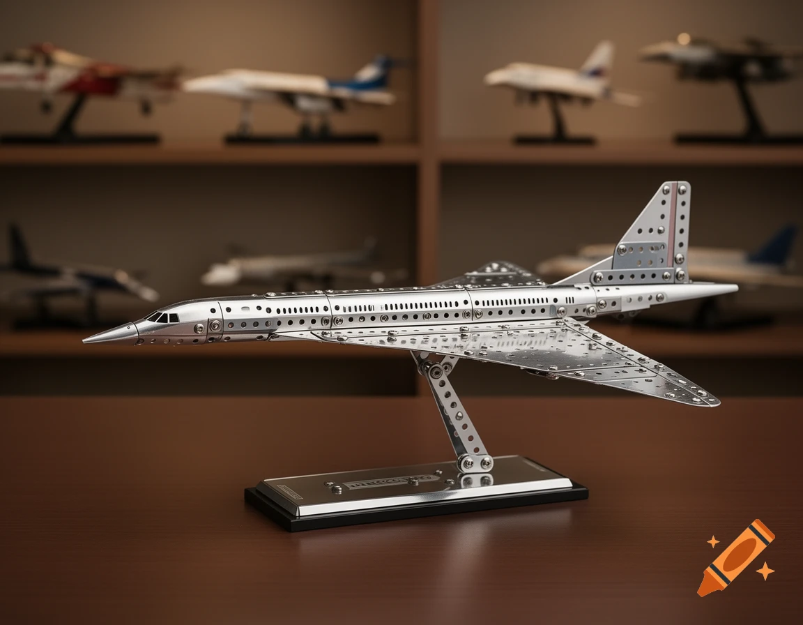 A detailed silver Meccano model of a Concorde airplane stands on a wooden table, with other blurred aircraft models in the background.