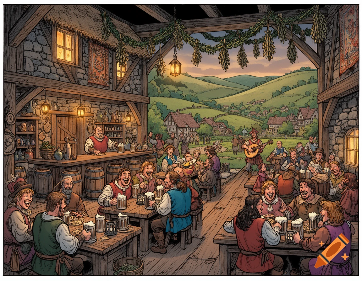 A colorful comic book style illustration of a bustling medieval inn, with patrons laughing, drinking, and a bard playing music.