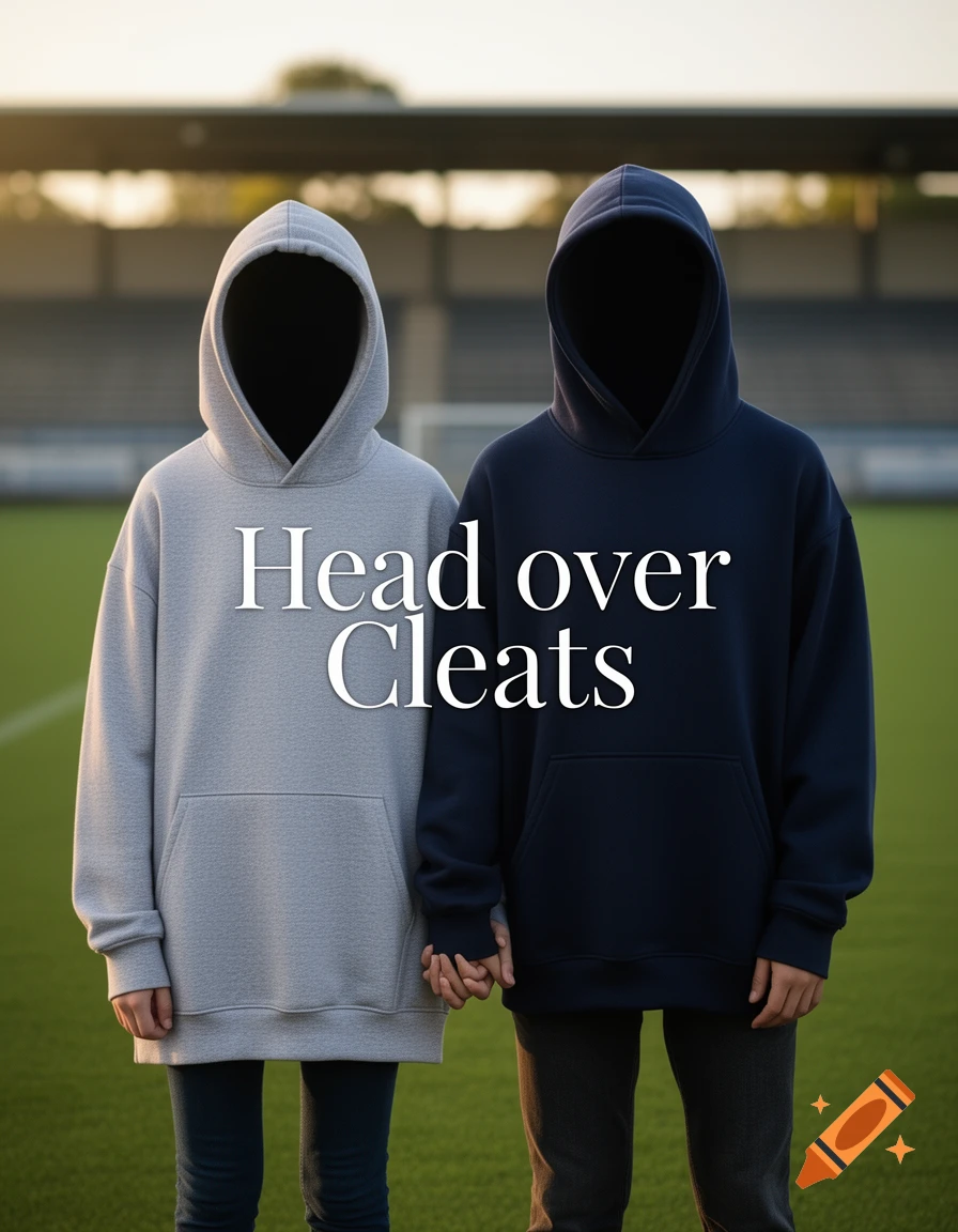 Photorealistic image of two hooded figures holding hands on a football field with the text "Head over Cleats".