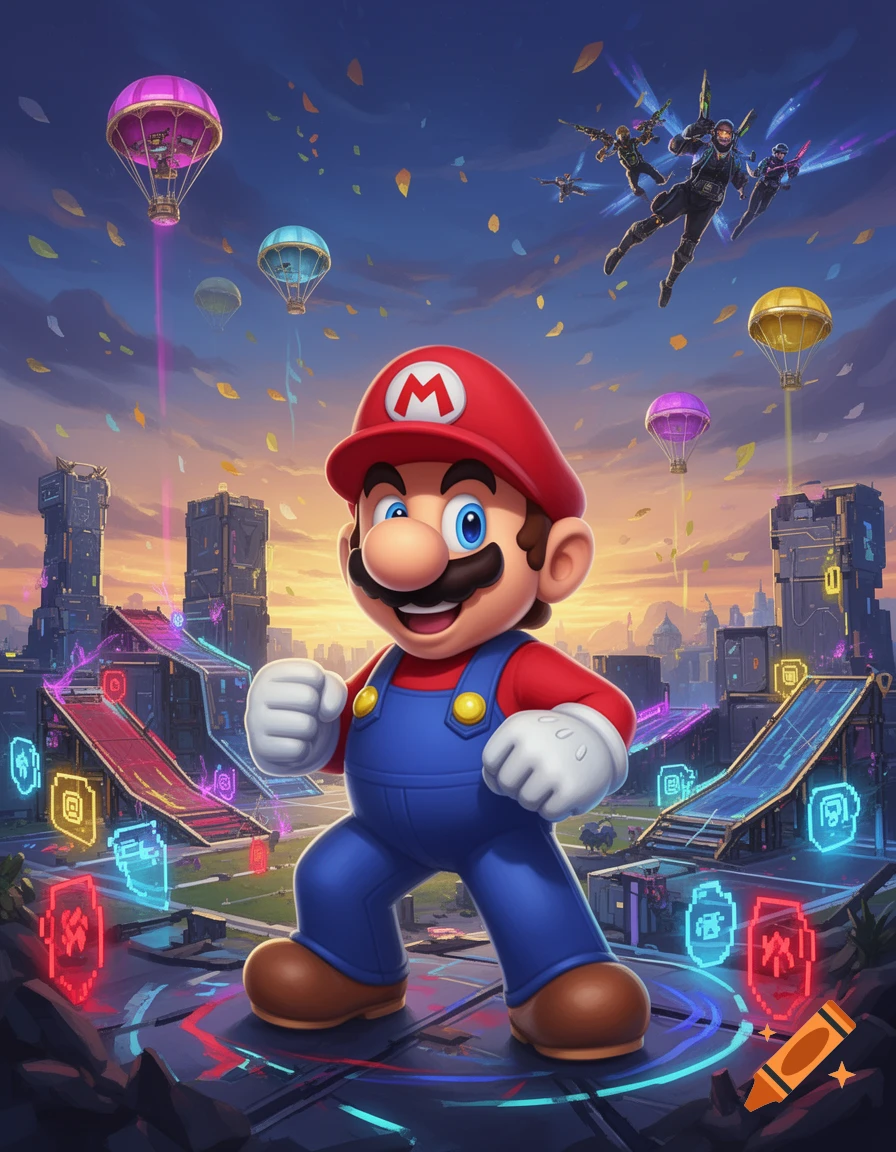 Mario stands on a futuristic platform in a vibrant city with hot air balloons and Fortnite-style characters flying in the background at sunset, in a digital art style.