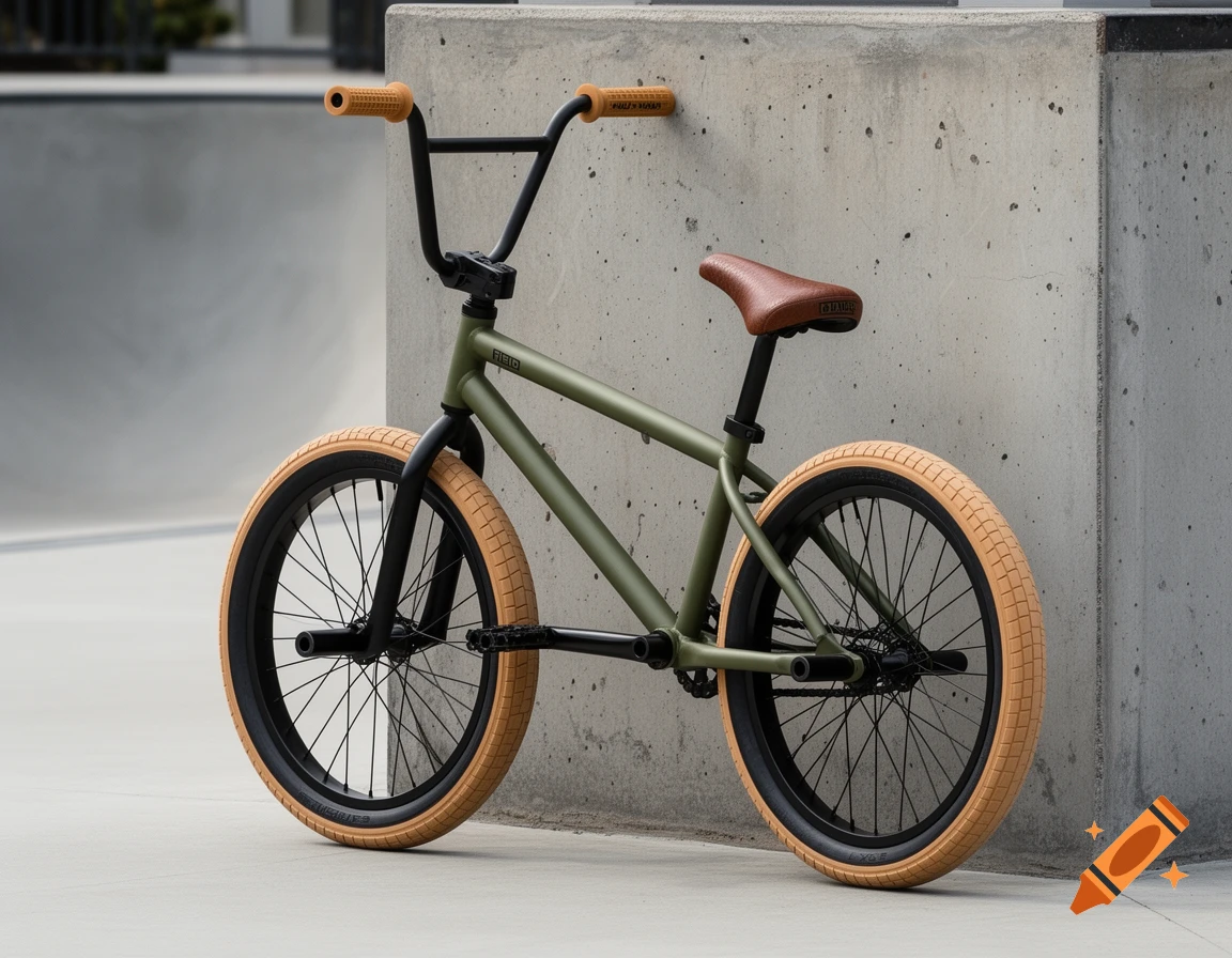 A matte army-green BMX bike with gum-colored tires and a brown leather-style seat leans against a concrete wall at a skatepark.