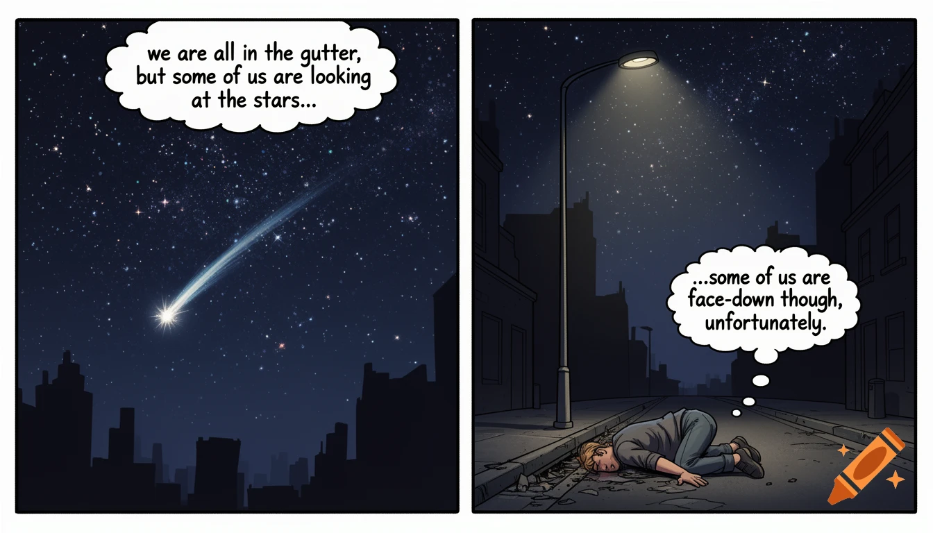 A two-panel cartoon comparing looking at stars to a person lying face-down in a street gutter at night.