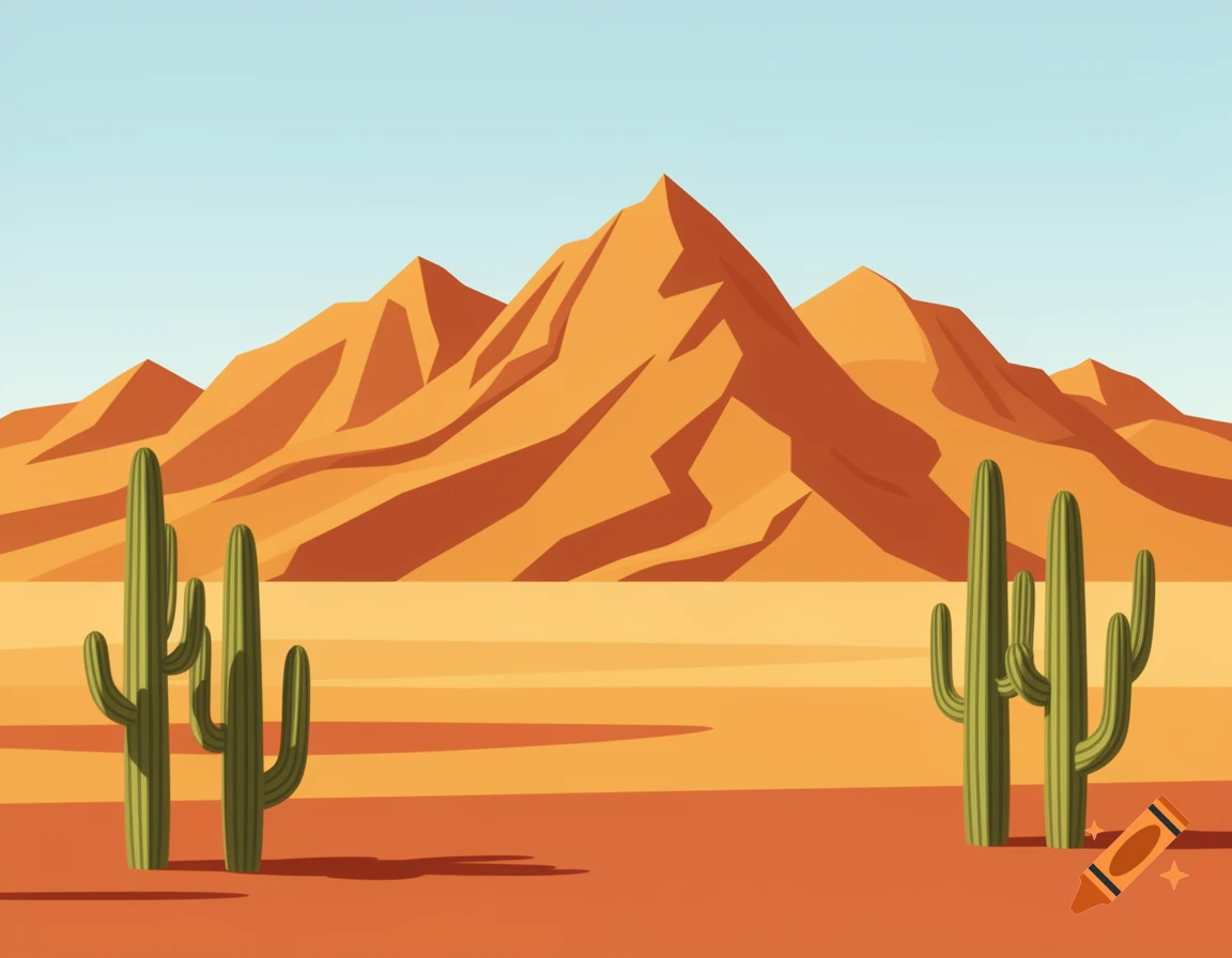 A bright vector art desert landscape with orange mountains and two large green saguaro cacti under a light blue sky.
