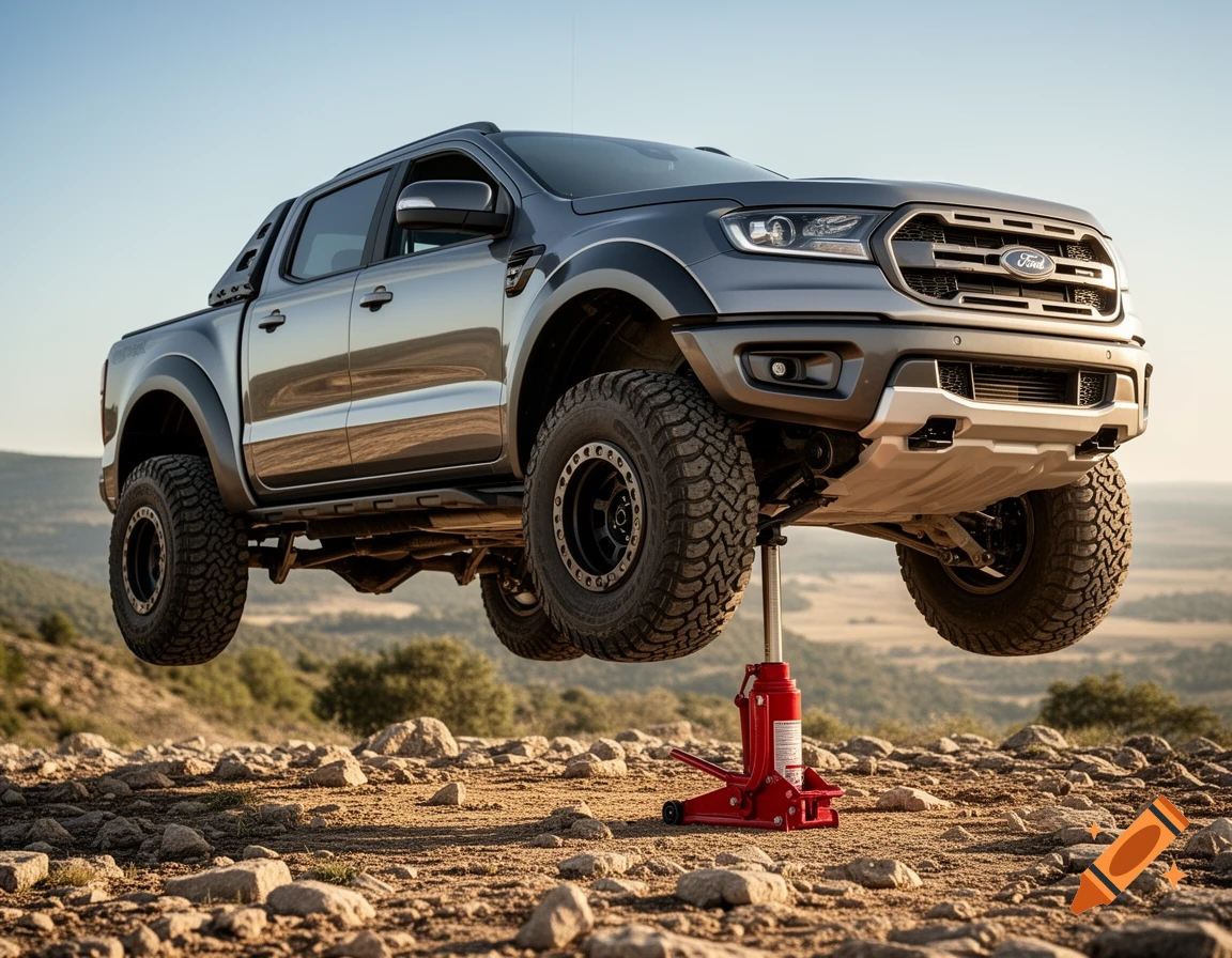A gray Ford pickup truck with large off-road tires is lifted off the rocky ground by a red hydraulic jack under its front.