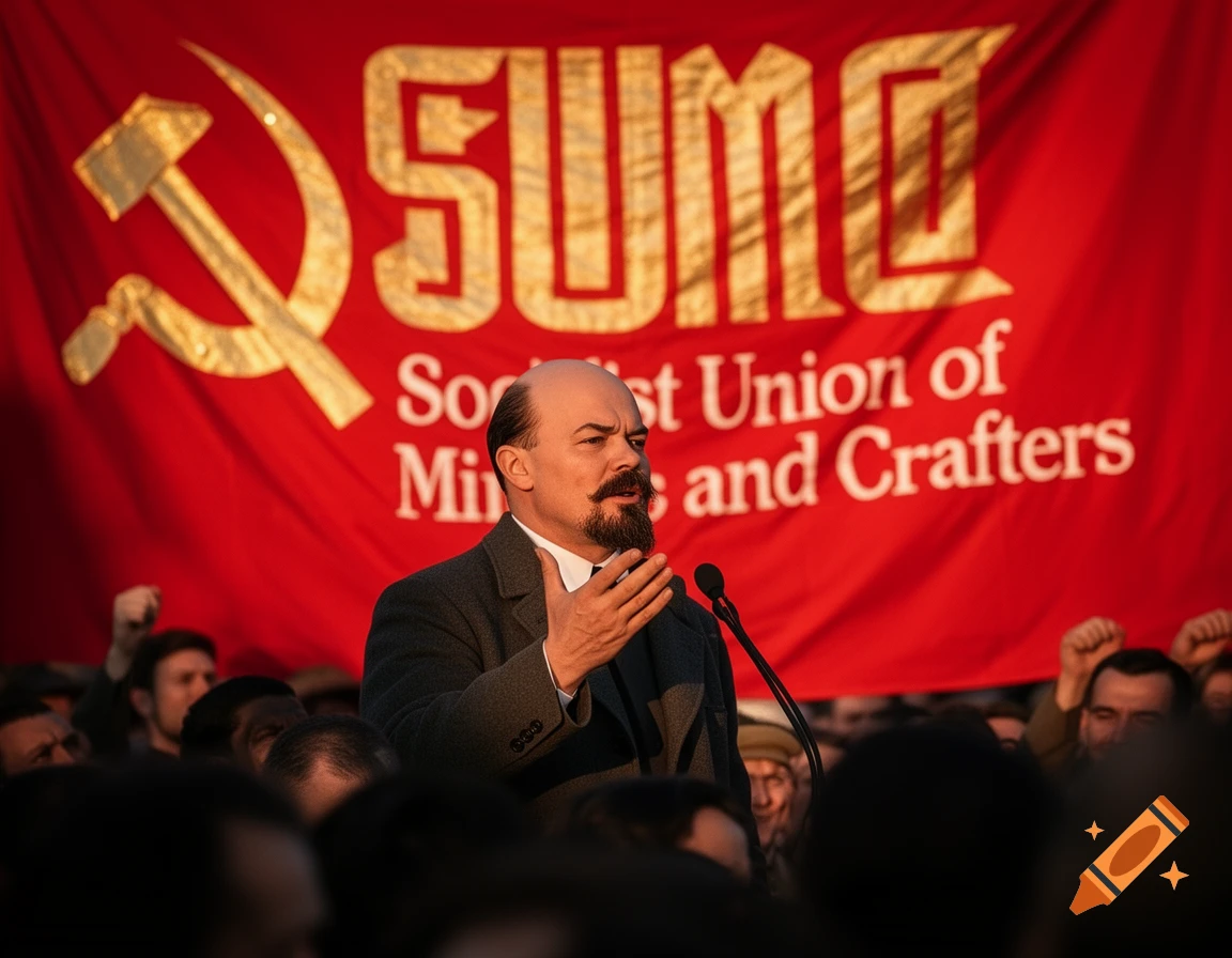 Photorealistic portrait of Lenin giving a speech in front of a red banner with 'SUMC Socialist Union of Miners and Crafters' and a hammer and sickle symbol.