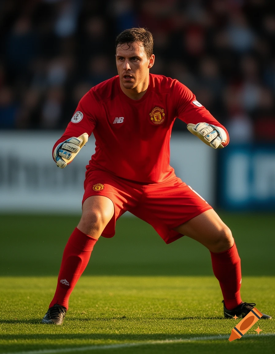 A male soccer goalie in a red jersey and shorts, wearing gloves, stands on a green field in a ready stance.