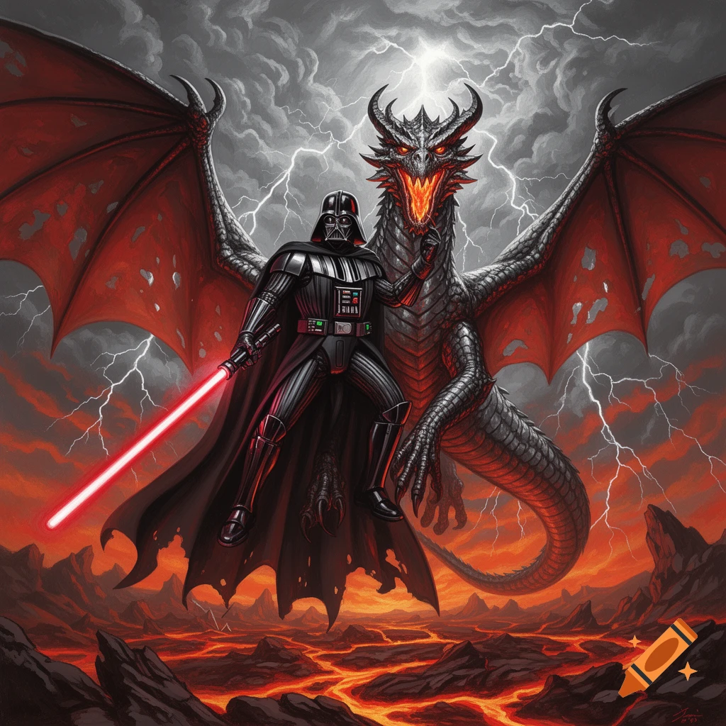 Darth Vader and a dragon stand on a volcanic landscape with lightning in an 80s metal album cover style.