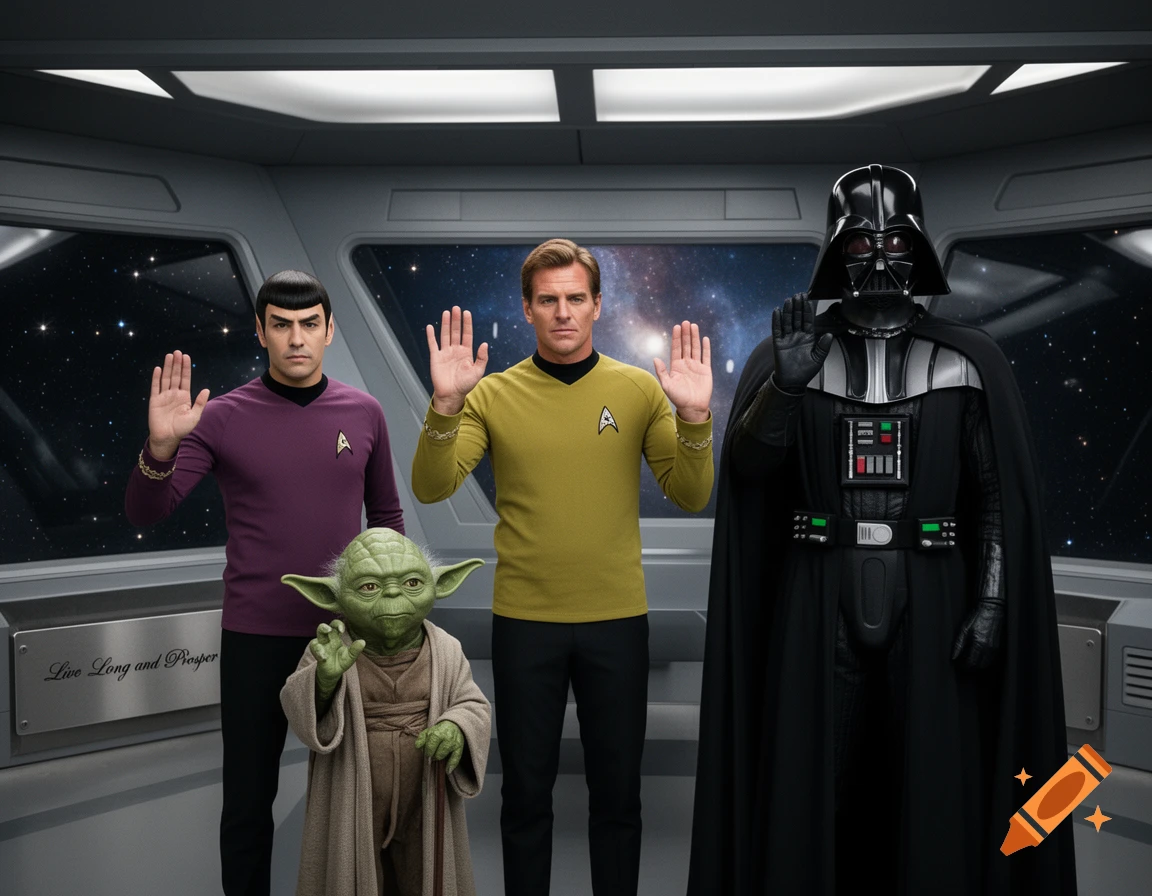 Spock, Kirk, Yoda, and Darth Vader stand in a spaceship, with Spock and Kirk performing the Vulcan salute.