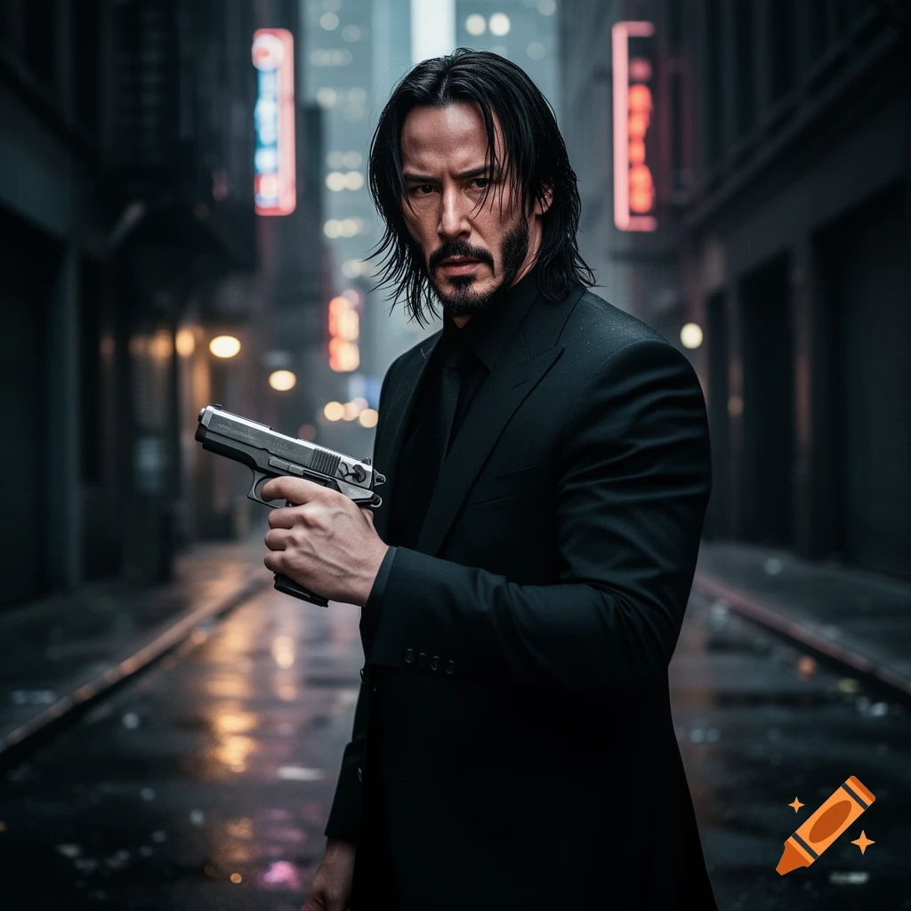 Photorealistic image of Keanu Reeves as John Wick, holding a gun, in a dark, wet city alley with neon lights.