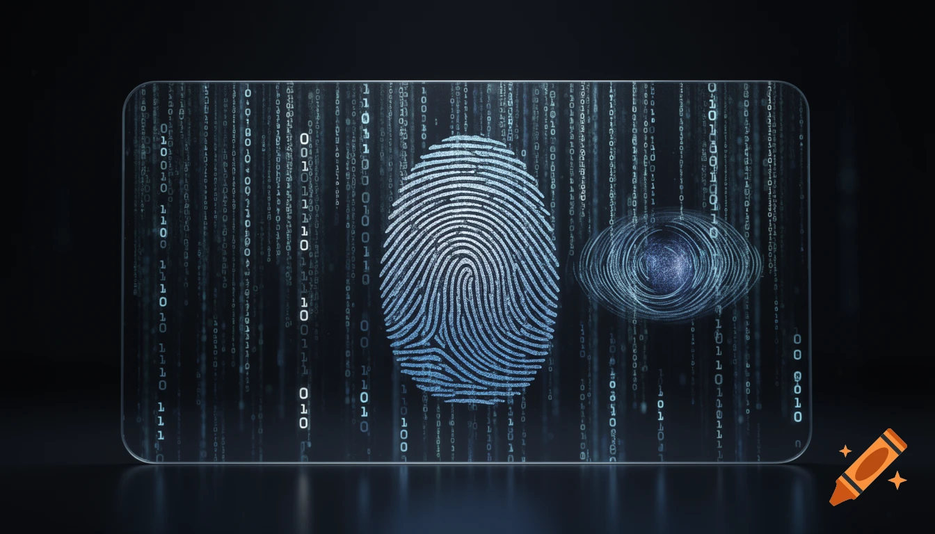 Digital ID with a glowing blue fingerprint and biometric eye symbol, surrounded by falling binary code on a transparent rectangle.