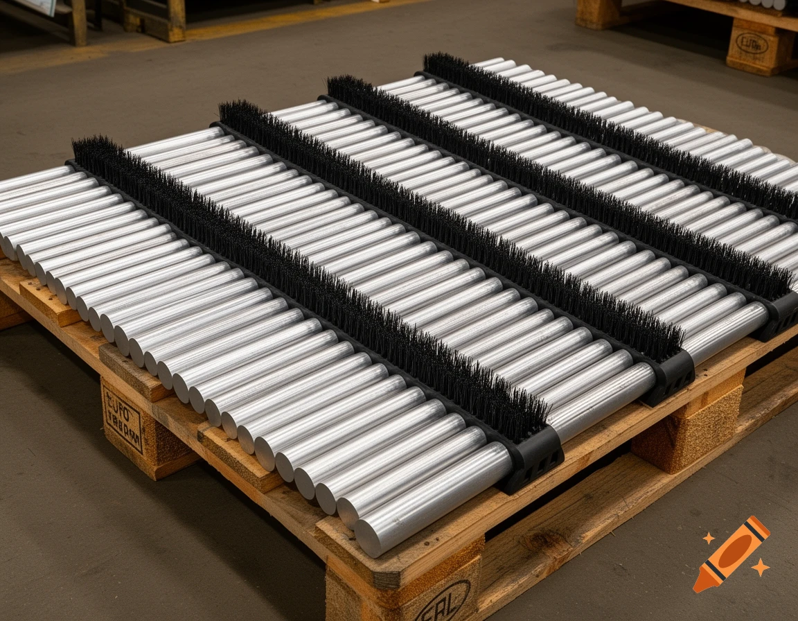 Rows of aluminum rods and black brush strips stacked on a wooden Euro pallet in an industrial setting.