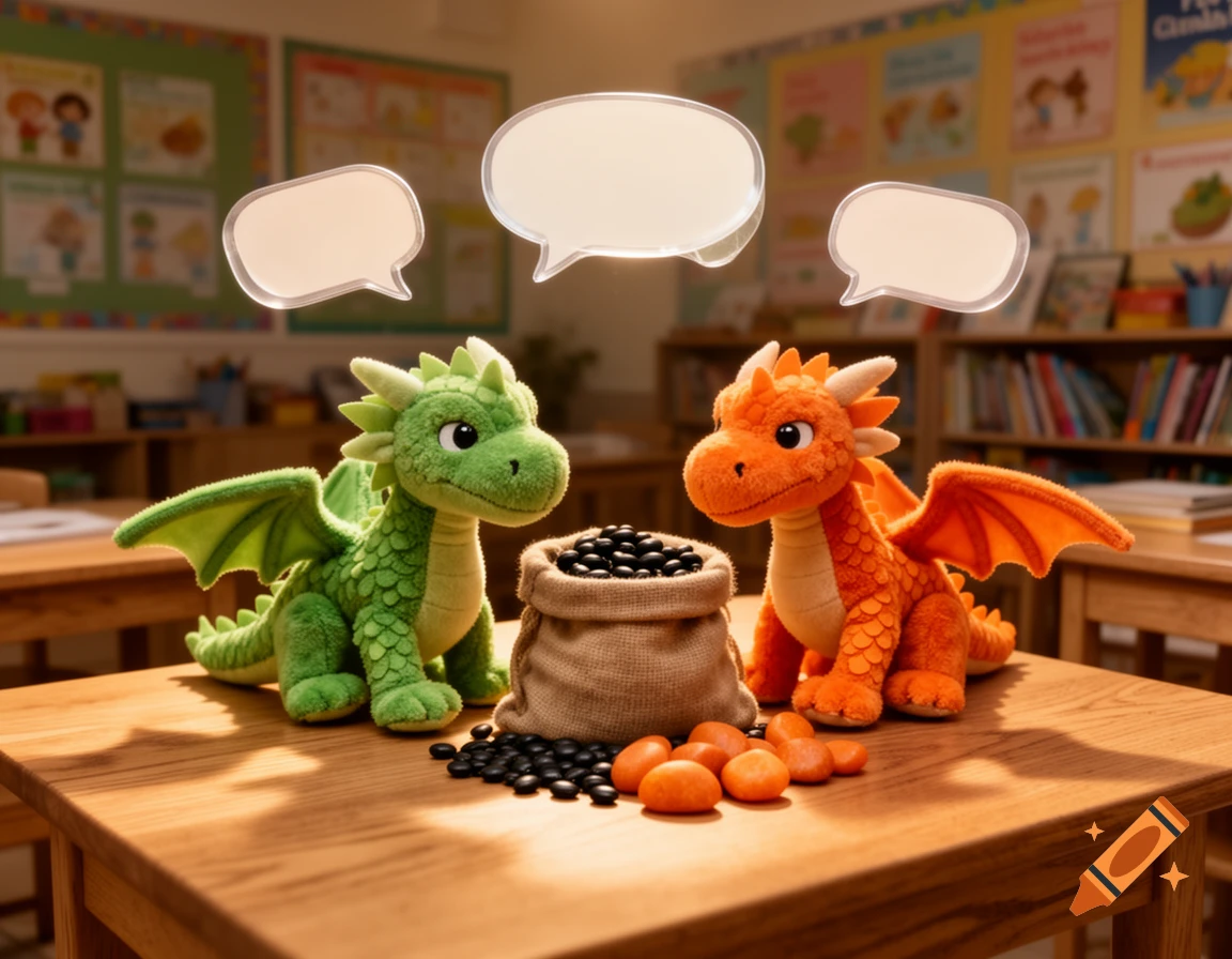 Green and orange plush dragons sit on a classroom desk with black beans and orange stones, with empty speech bubbles above their heads.