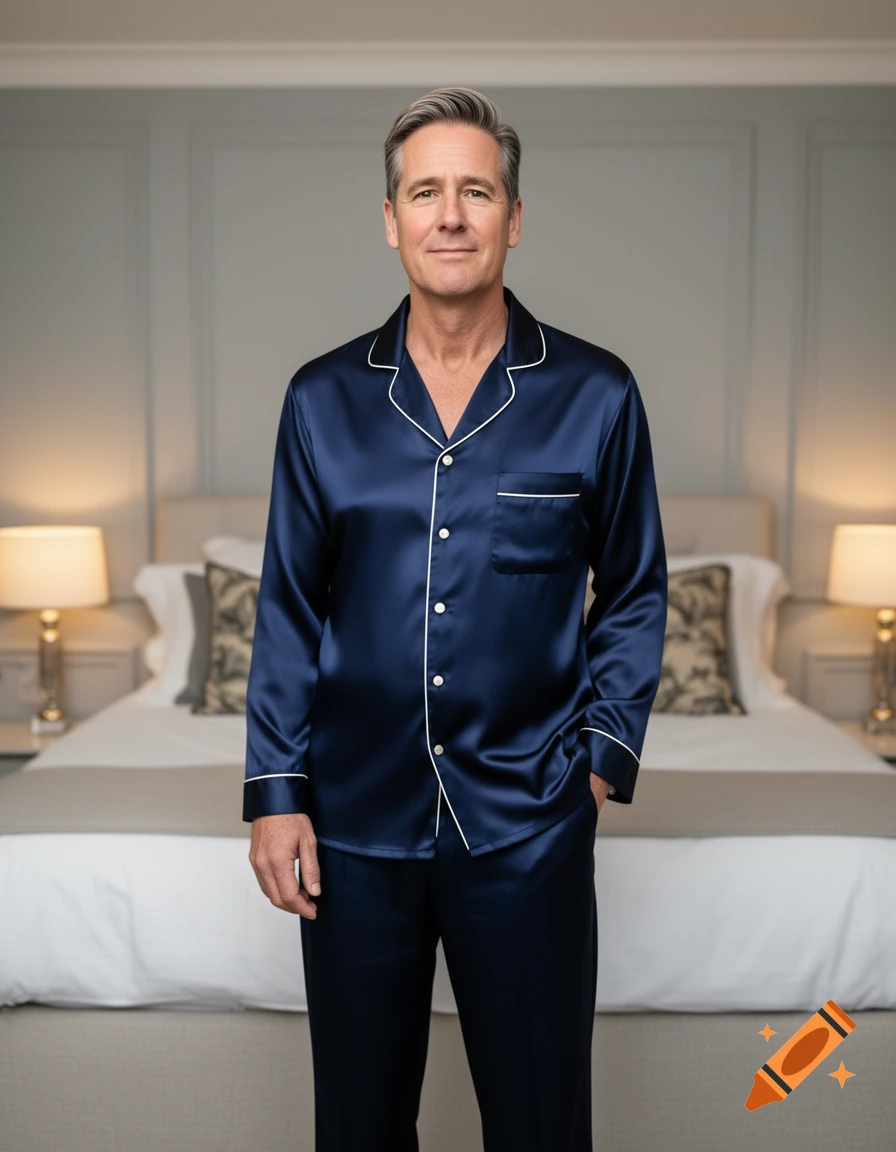 A man in navy blue silk pajamas with white piping stands in an elegant bedroom.