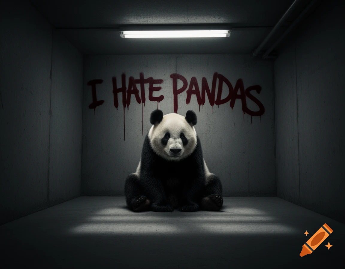 A realistic panda sits in a dark, concrete room with "I HATE PANDAS" spray-painted in red, dripping letters on the wall, under a fluorescent light.