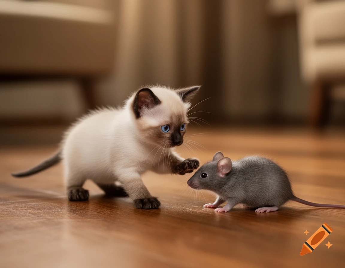 A photorealistic image of a tiny Siamese kitten with blue eyes gently pawing a small grey mouse on a wooden floor.