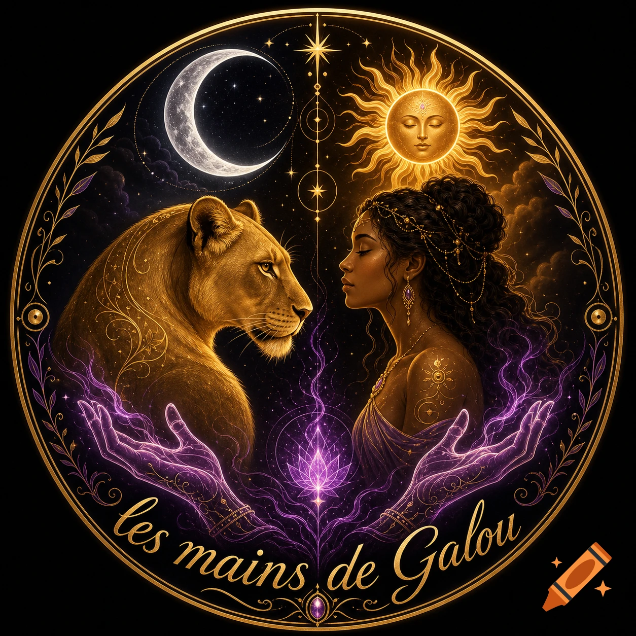 Mystical circular artwork with a golden lioness and woman, celestial sun and moon, and glowing purple hands on a dark background.