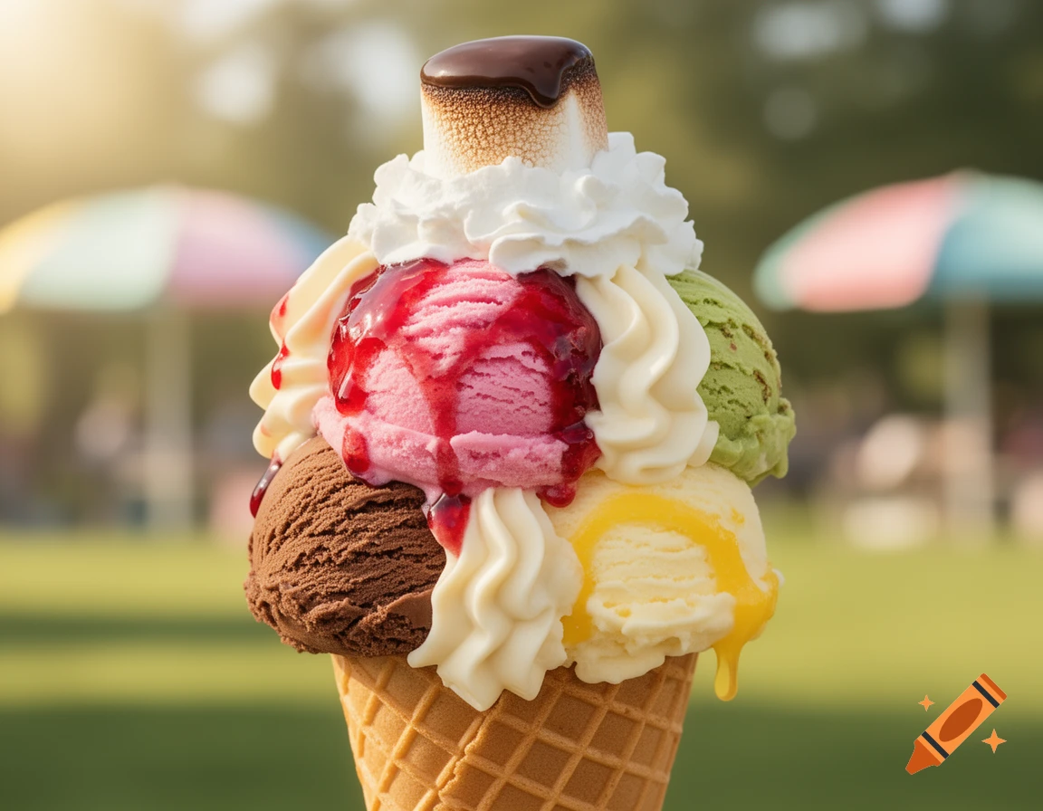 Photorealistic ice cream cone with multiple scoops, whipped cream, syrups, and a toasted marshmallow topping, outdoors.