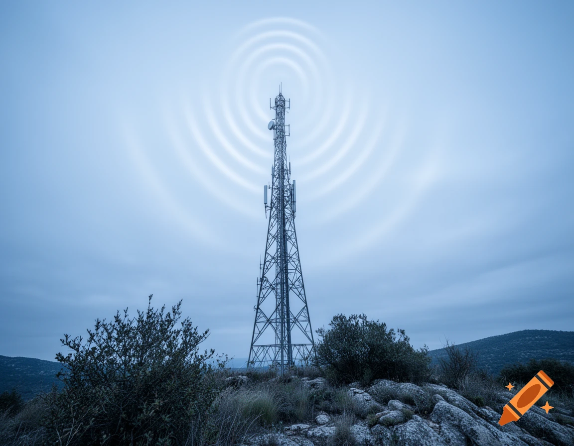 A telecommunication tower on a rocky hill under a blue sky, with visible radio waves emanating from the top, in a wide shot.