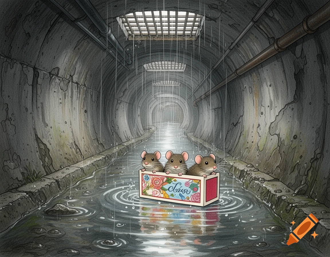 Three cartoon mice in a colorful matchbox boat float down a dark, rainy sewer tunnel with water dripping from grates.