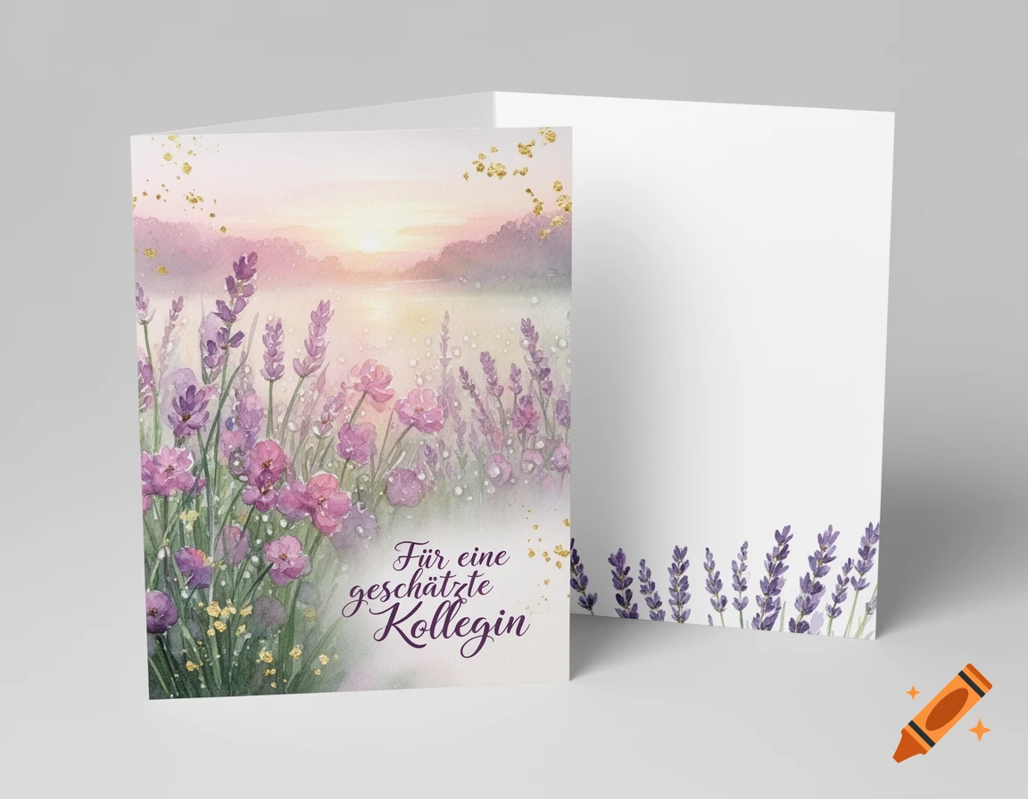 Watercolor greeting card with a lavender field at sunrise and the German text "F r eine gesch zte Kollegin".