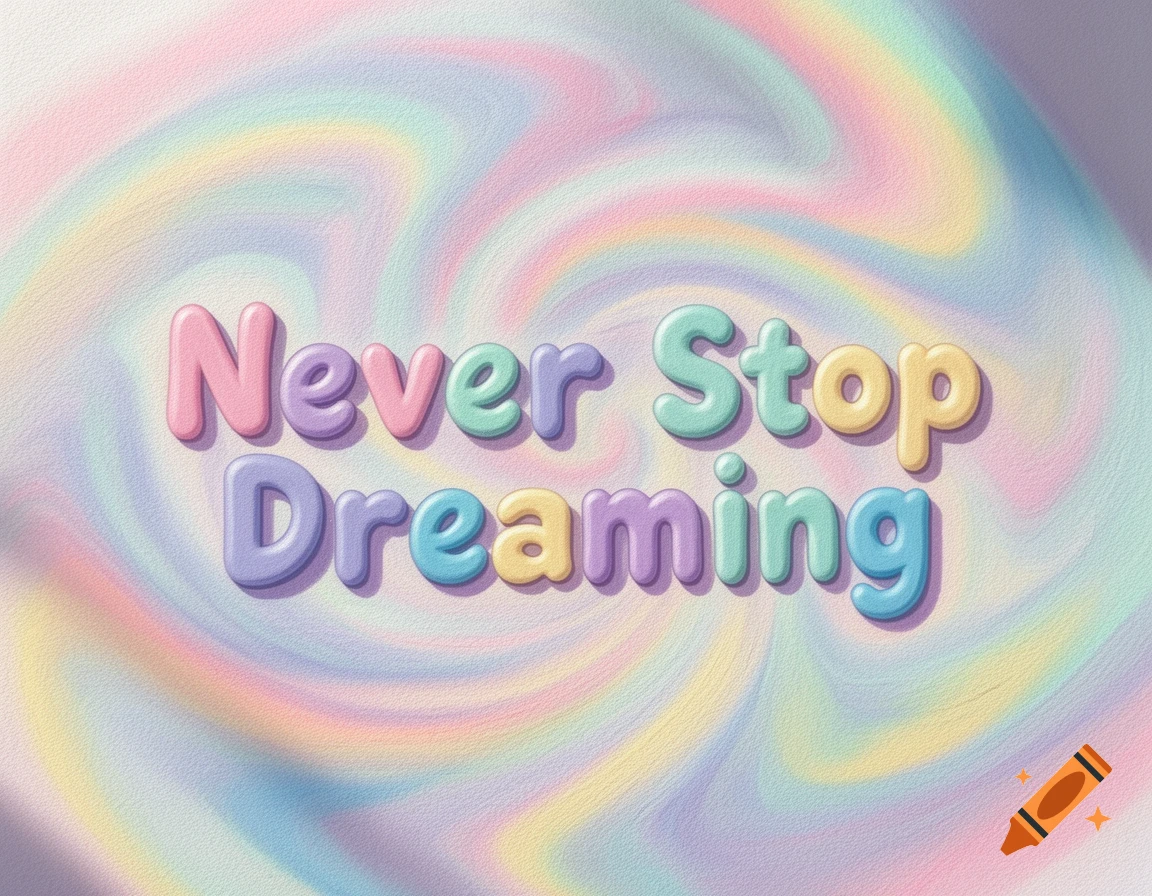 Pastel bubble letters spelling 'Never Stop Dreaming' on a soft, swirling rainbow background.
