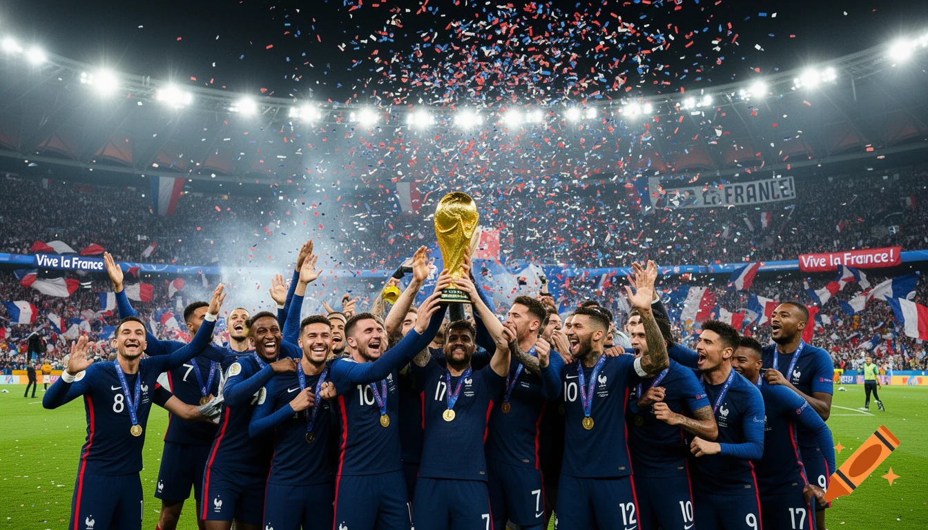 Photorealistic image of the jubilant French soccer team raising the World Cup trophy amidst confetti in a packed stadium.