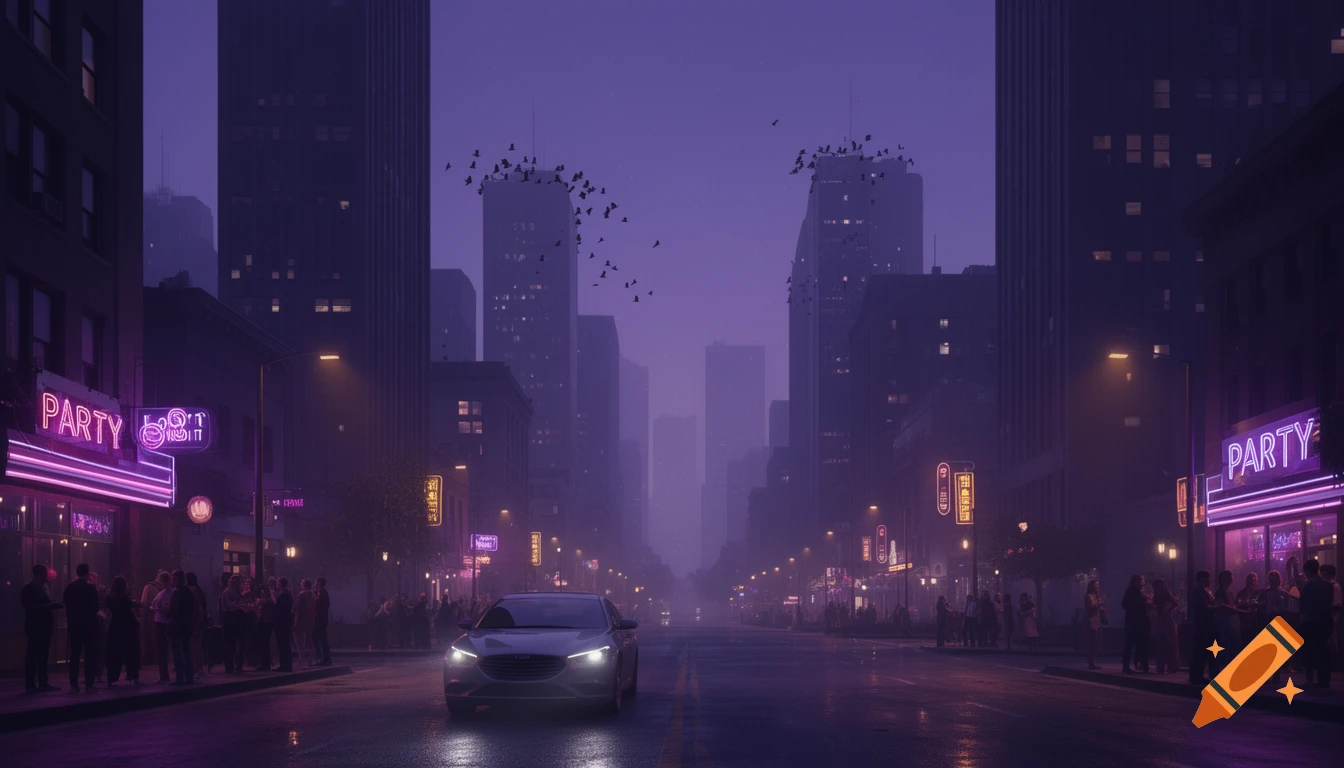 A purple-hued city street at night with a car driving, people gathered near neon signs, and birds flying above skyscrapers.