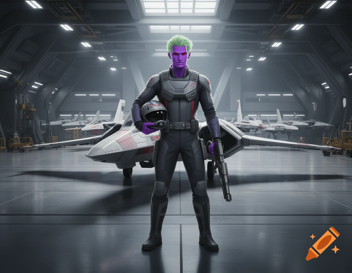 A male Zeltron pilot with purple skin and green hair poses in a sci-fi hangar, holding a helmet and blaster, with spaceships behind him.