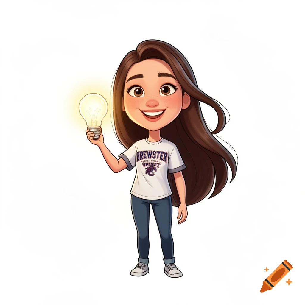 A friendly 2D vector cartoon of a long-haired brunette girl holding a glowing lightbulb, wearing a 'Brewster High School Spirit' t-shirt.