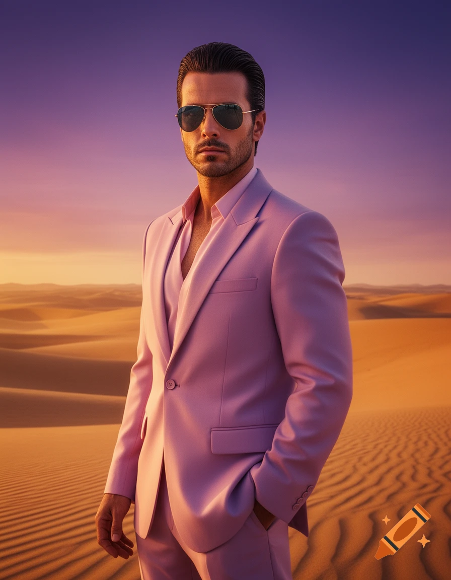 A man in a light pink suit and sunglasses stands confidently in a vast desert landscape under a vibrant sunset sky, appearing photorealistic.