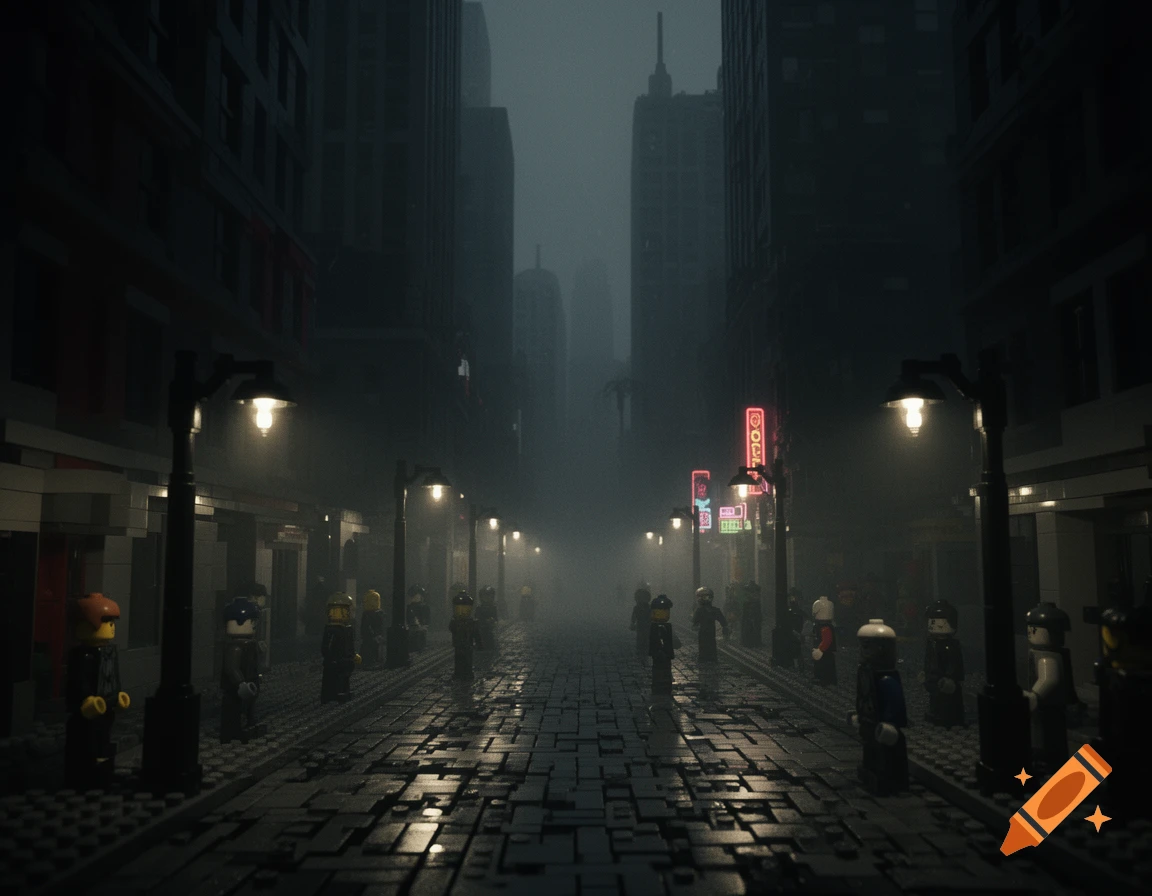 A dark, foggy LEGO city street at night, with glowing streetlights, wet cobblestones, and silhouetted minifigures.