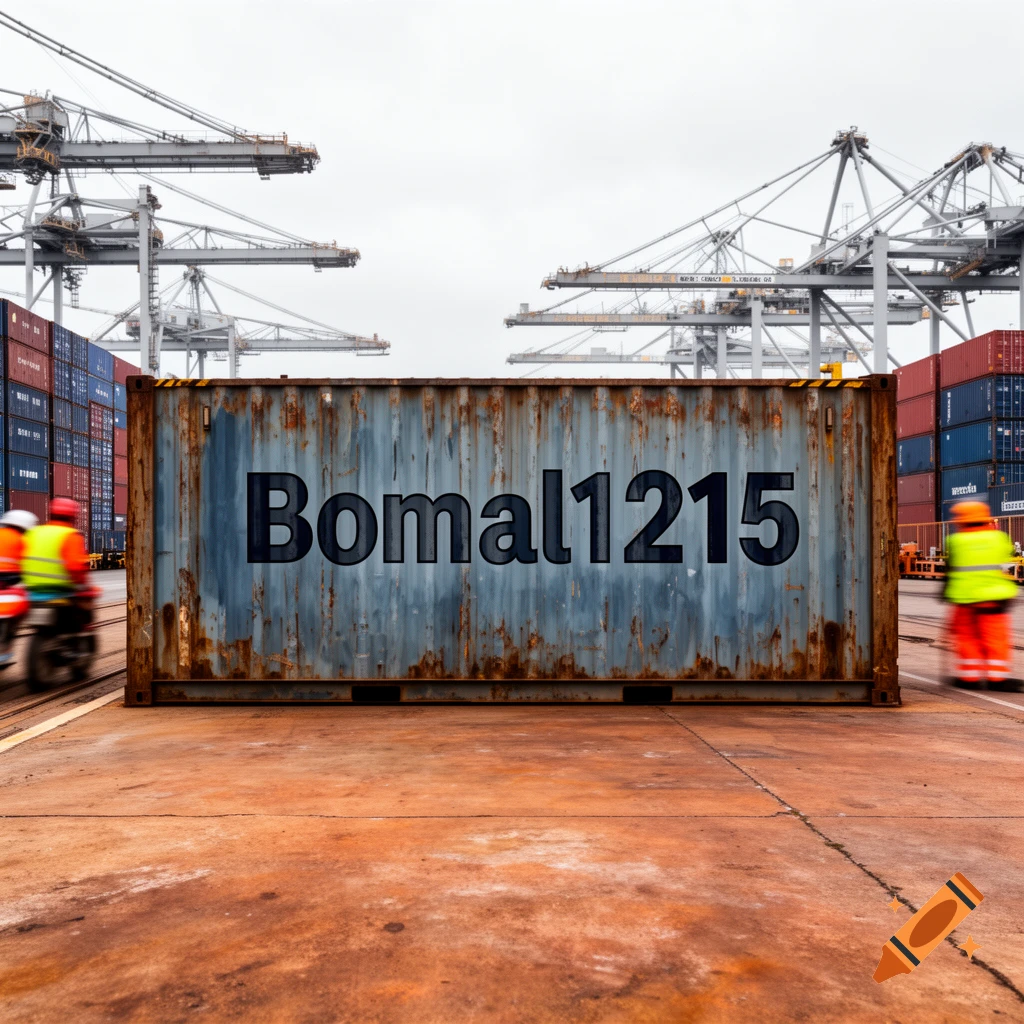 A rusted shipping container labeled 'Bomal1215' in a busy port with towering cranes and blurred workers. Photorealistic style.