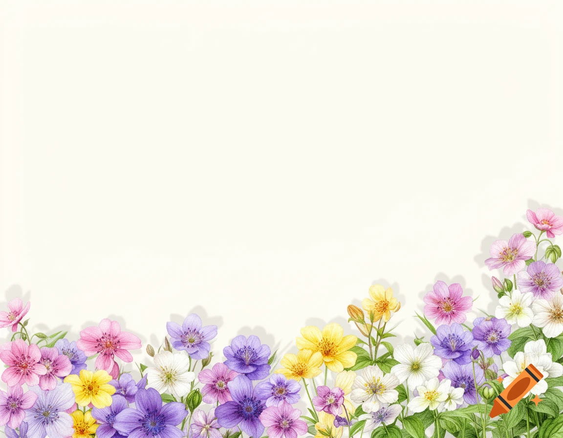 An illustration of pink, purple, yellow, and white wildflowers bordering the bottom and right corner of a light background.