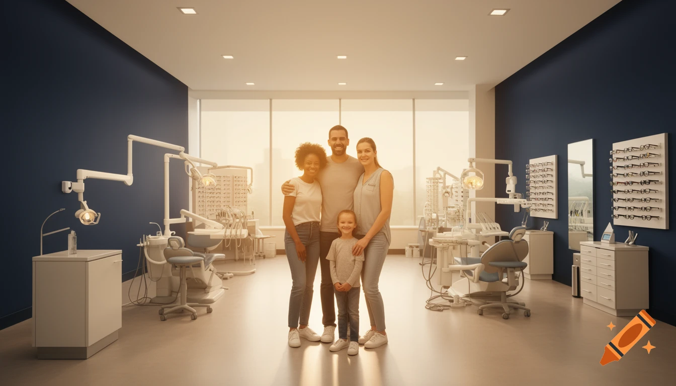 A smiling diverse family stands in a modern, well-lit dental and optometrist office, photorealistic.