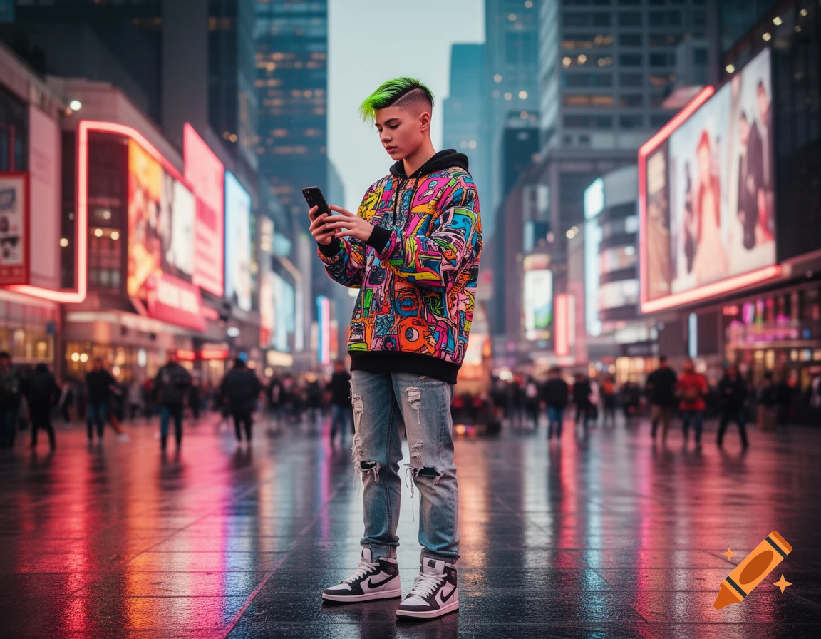 A Gen Z teenager with bright green hair, a colorful hoodie, and ripped jeans looks at a smartphone on a wet city street at night, surrounded by neon reflections and blurred billboards.