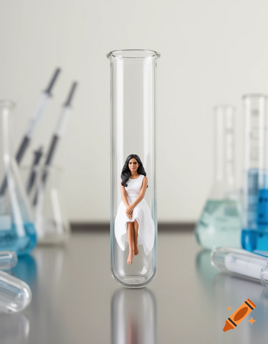 Photorealistic image of a miniaturized woman in a white dress sitting inside a test tube, with a blurred laboratory background.