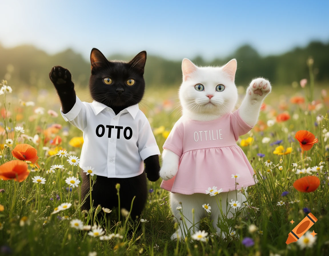 A black cat in a white shirt with 'OTTO' and a white cat in a pink dress with 'OTTILIE' wave from a flower field under a blue sky.