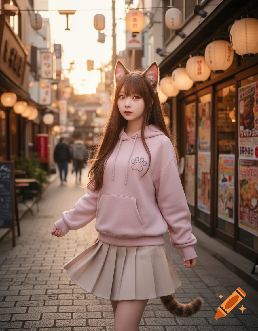 Anime cat girl with long brown hair, wearing a pink hoodie and pleated skirt, standing in a lively Japanese street at sunset.