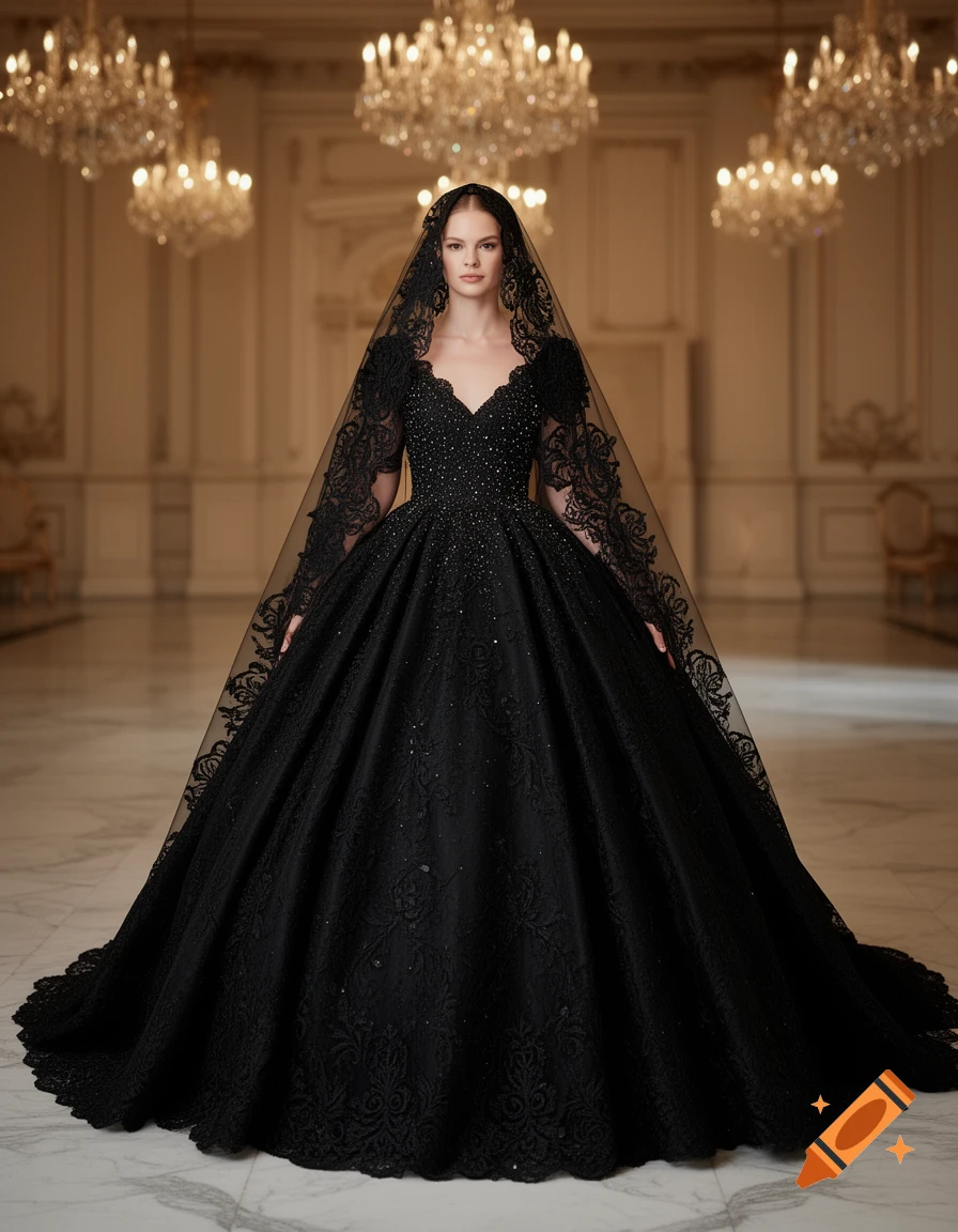 A woman in a voluminous black ball gown with a black lace veil stands in an opulent hall with chandeliers.