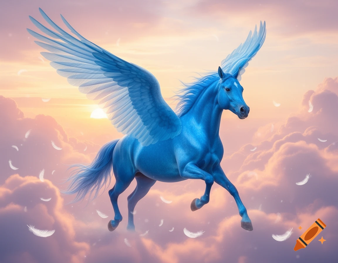 A majestic blue winged horse flies through a whimsical sky with soft, glowing clouds and falling feathers at sunset.