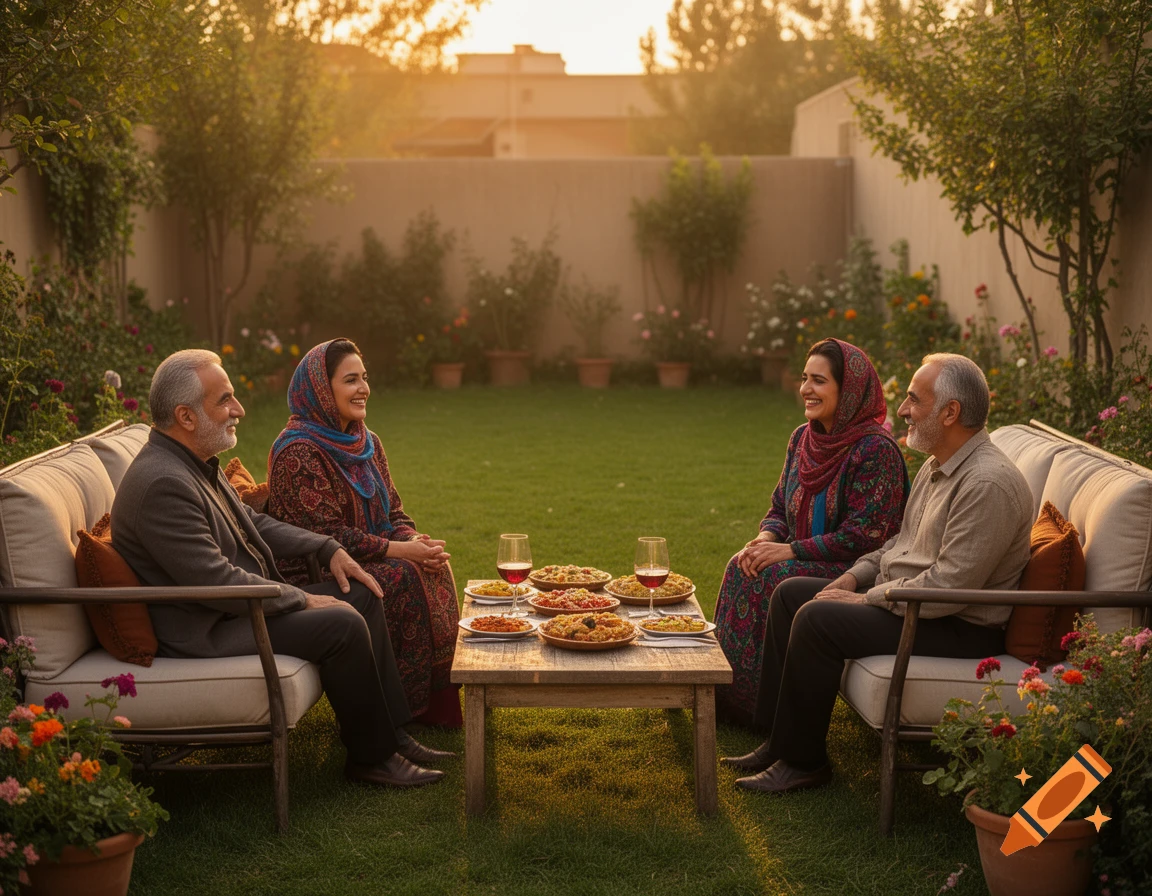 Four smiling middle-aged Persian people sit on outdoor sofas, eating and drinking in a lush home garden at golden hour.