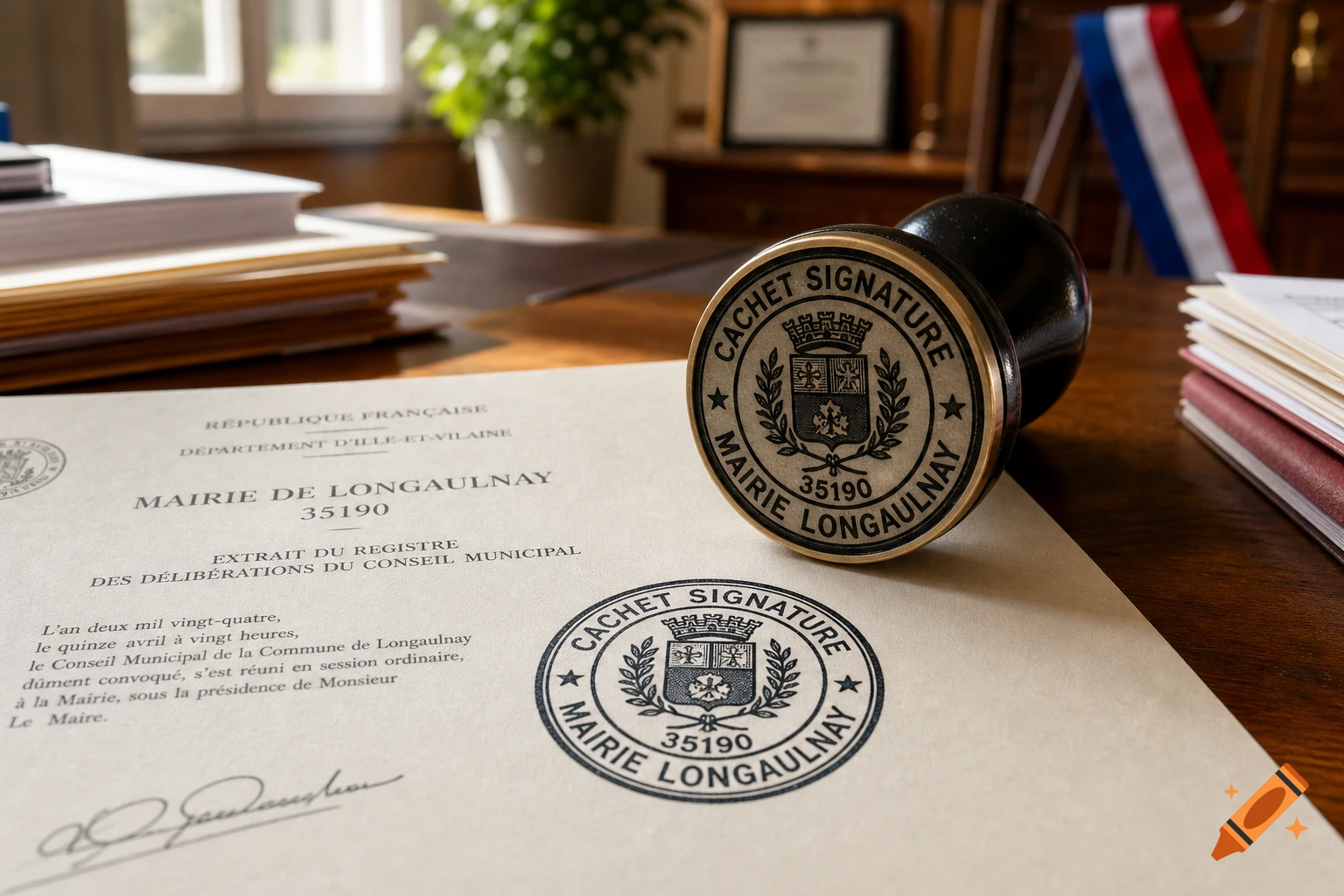 Official French document with a Mairie Longaulnay 35190 stamp on a wooden desk, surrounded by papers and a tricolor sash.