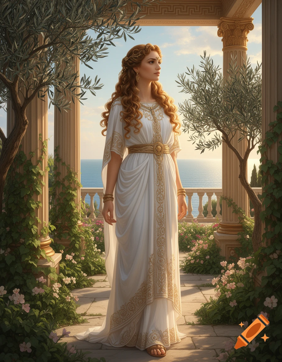 A woman with long curly hair, wearing a white and gold ancient Greek dress, stands on a terrace with pillars, olive trees, and flowers, overlooking a blue sea.