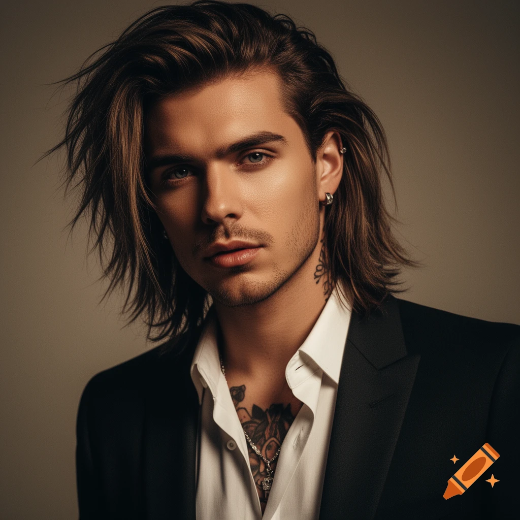 Photorealistic portrait of a man with long brown hair, blue eyes, facial hair, chest and neck tattoos, and piercings, wearing a black jacket over a white shirt.