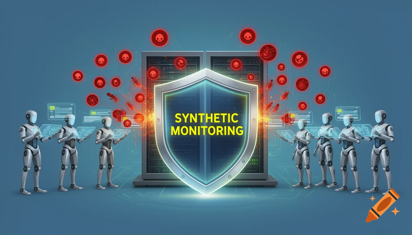Robots monitor a server protected by a shield labeled "Synthetic Monitoring" from digital threats like skulls and bugs.