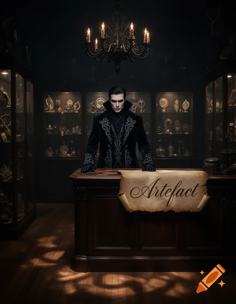 A pale, vampire-like man in a dark gothic shop stands behind a counter, a scroll reading 'Artefact' on it. Photorealistic.