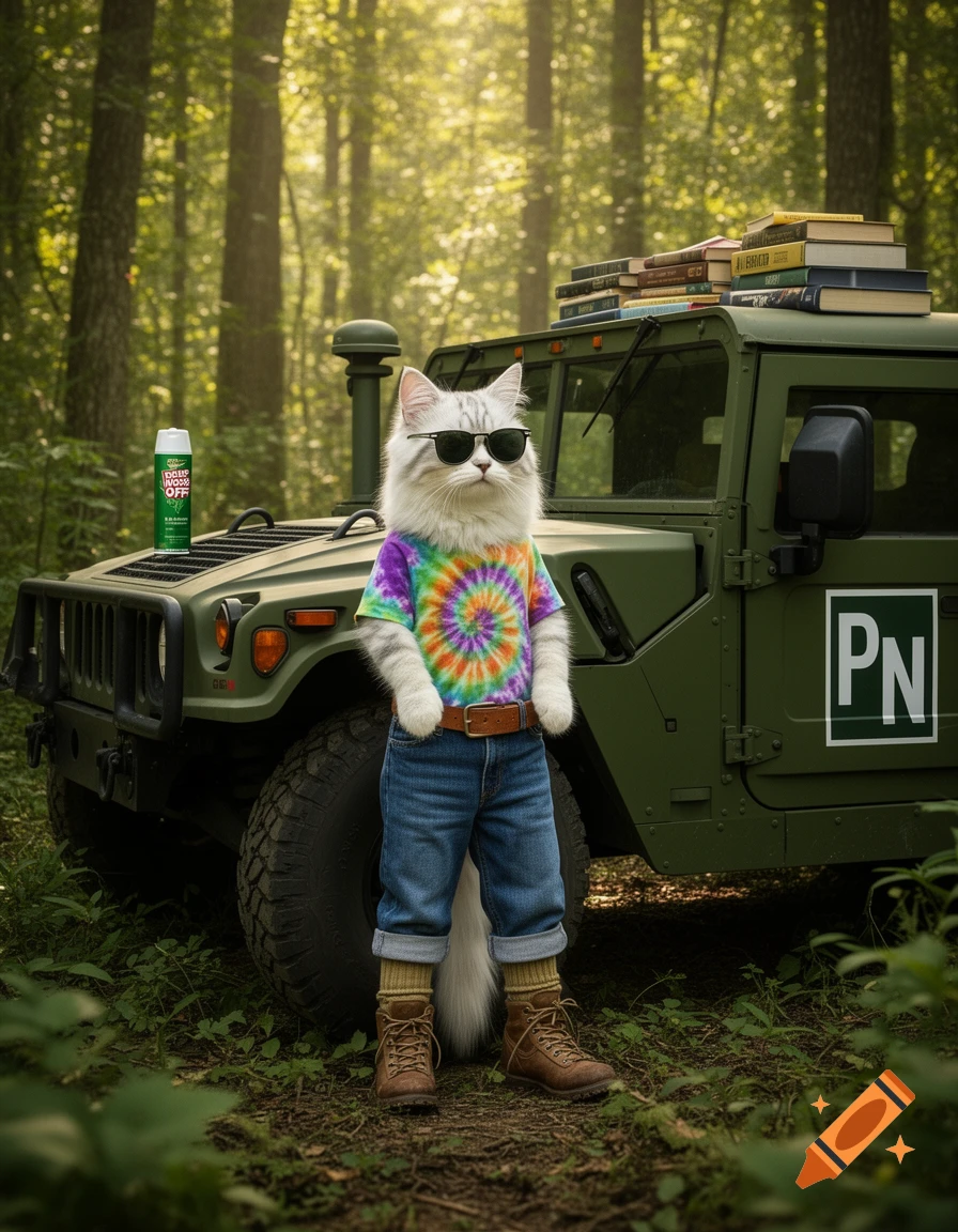 A photorealistic fluffy white tabby cat in sunglasses, tie-dye shirt, jeans, and hiking boots stands by a green Humvee with a PN logo in a forest.